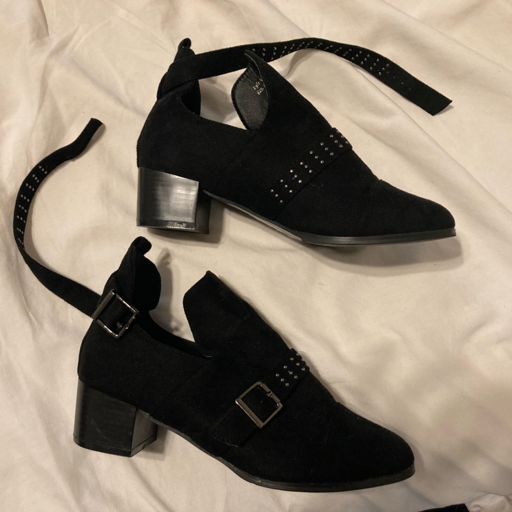 Ashley Stewart black faux suede studded ankle boots